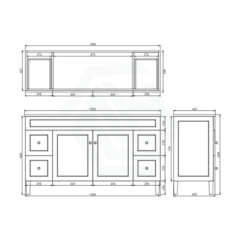 600-1500Mm Harrington Freestanding Vanity With Legs Matt White Pvc Cabinet Only & Ceramic Top