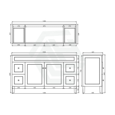 600-1500Mm Harrington Freestanding Vanity With Legs Matt White Pvc Cabinet Only & Ceramic Top