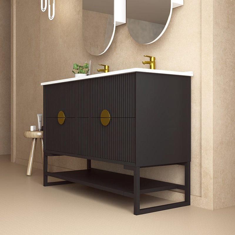 600-1500Mm Kingo Freestanding Plywood Vanity Matt Black Linear Surface Single/Double Bowls Cabinet