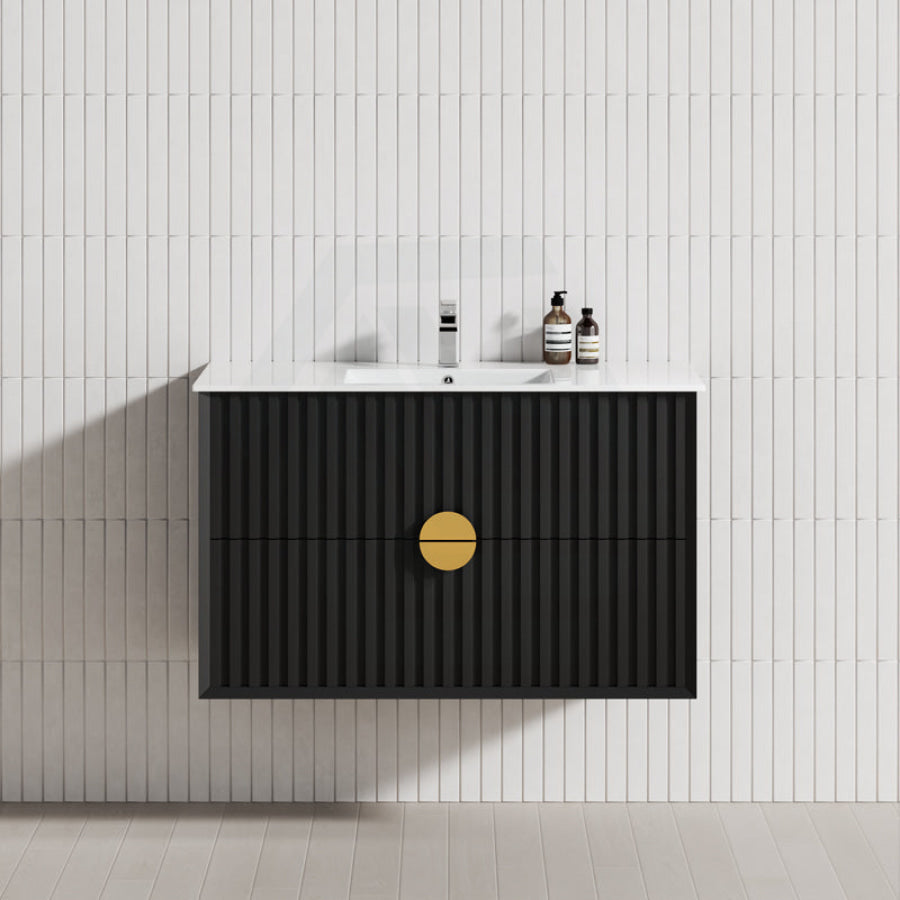 600-1500Mm Kingo Wall Hung Plywood Vanity Matt Black Linear Surface Single/Double Bowls Cabinet