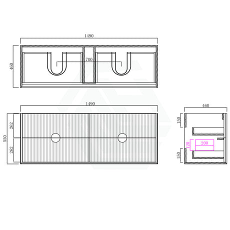 600-1500Mm Kingo Wall Hung Plywood Vanity Matt Black Linear Surface Single/Double Bowls Cabinet