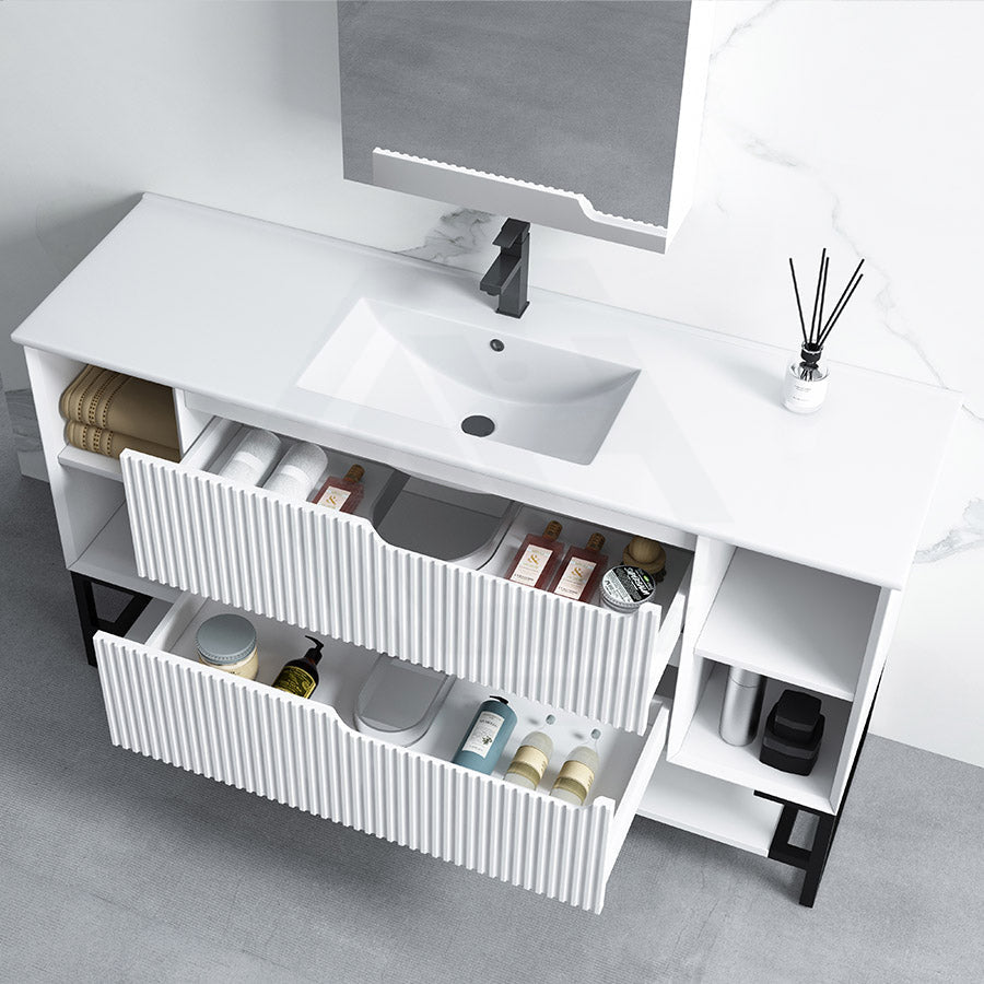 600-1500Mm Sersi Freestanding Plywood Vanity Matt White Linear Surface Drawers Shelves Single Bowl