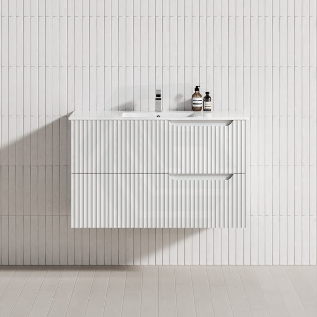 600-1500Mm Sersi Wall Hung Plywood Vanity Matt White Linear Surface Drawers Shelves Single Bowl