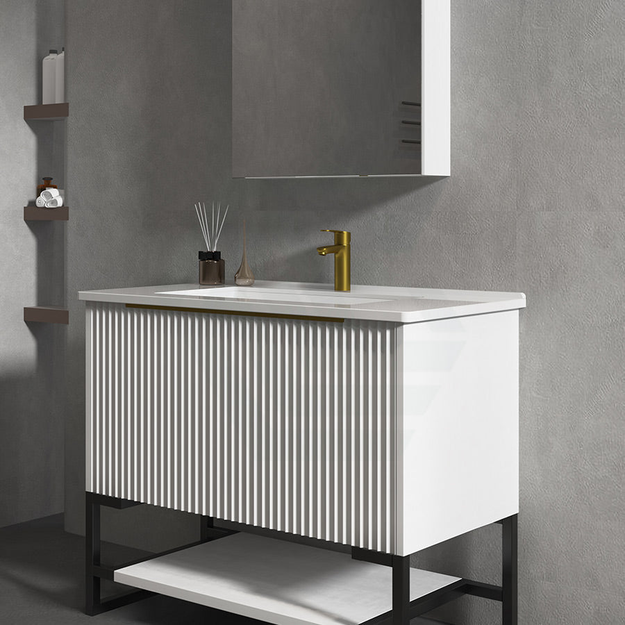 600-1500Mm Thena Freestanding Plywood Vanity Matt White Linear Surface Single/Double Bowls Cabinet