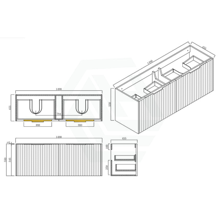 1500mm Wall Hung Plywood Vanity Matt White Linear Surface Single/Double Bowls Cabinet ONLY for Bathroom