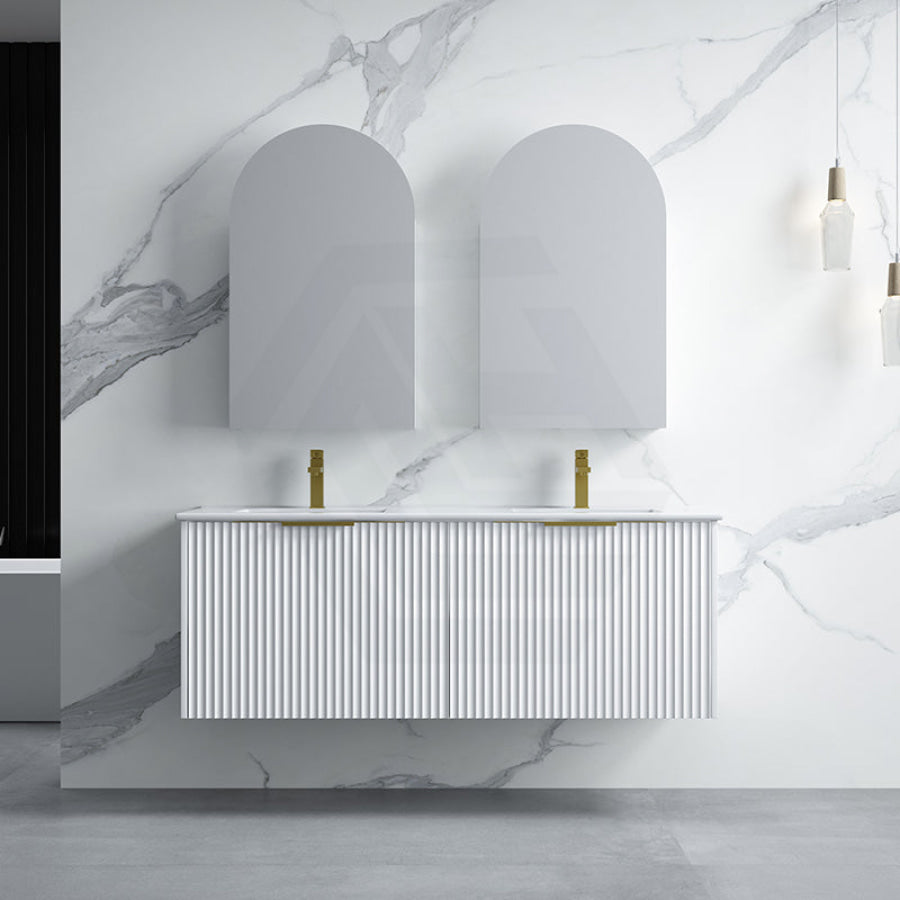 1500Mm Thena Wall Hung Plywood Vanity Matt White Linear Surface Single/Double Bowls Cabinet Only For