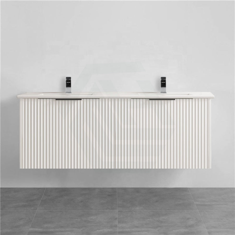 1500Mm Thena Wall Hung Plywood Vanity Matt White Linear Surface Single/Double Bowls Cabinet Only For