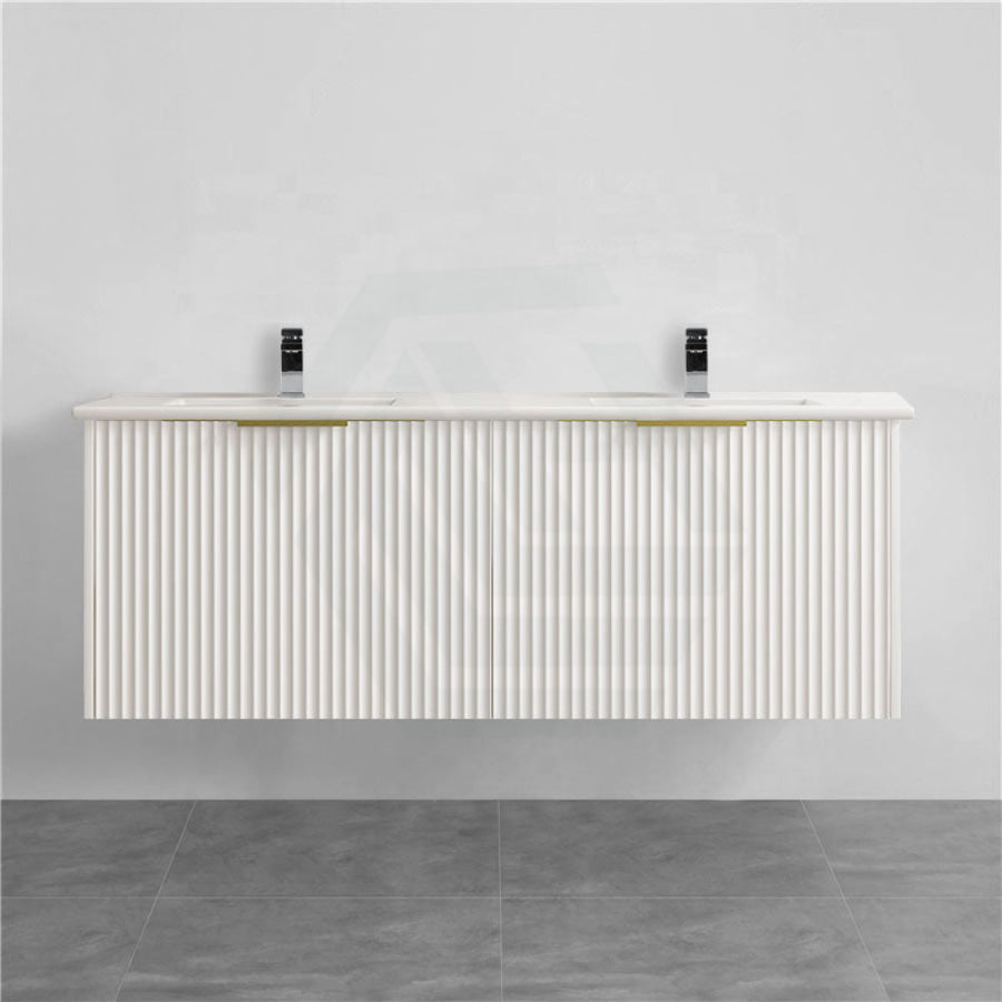 1500Mm Thena Wall Hung Plywood Vanity Matt White Linear Surface Single/Double Bowls Cabinet Only For