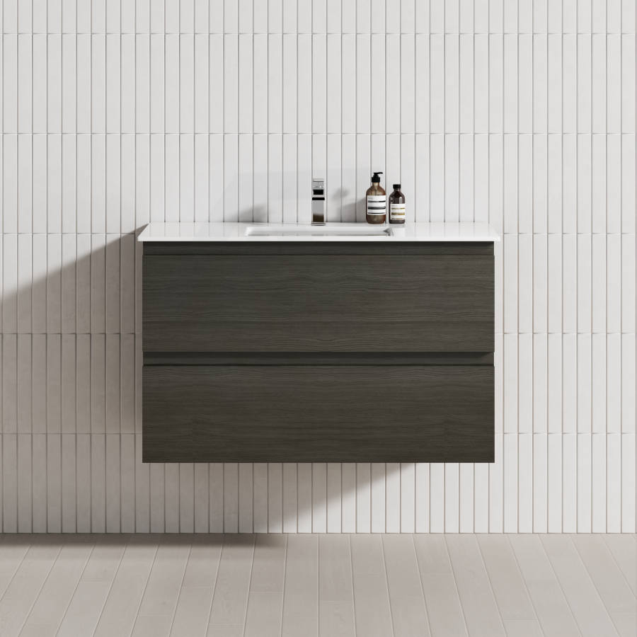 600-1500Mm Wall Hung Bathroom Floating Vanity Dark Grey Wood Grain Pvc Filmed Drawers Cabinet