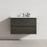 600-1500Mm Wall Hung Bathroom Floating Vanity Dark Grey Wood Grain Pvc Filmed Drawers Cabinet