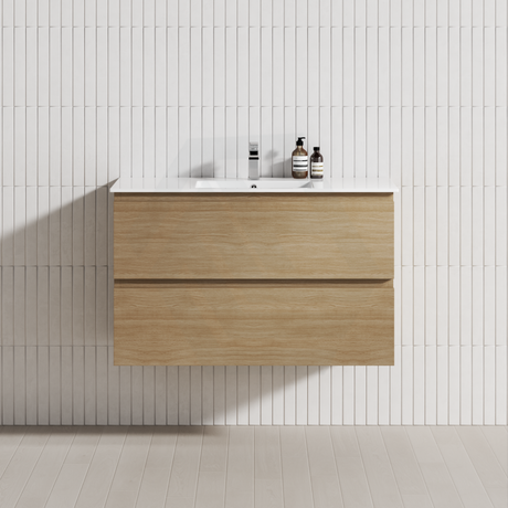 600-1500Mm Wall Hung Bathroom Floating Vanity White Oak Wood Grain Pvc Filmed Drawers Cabinet