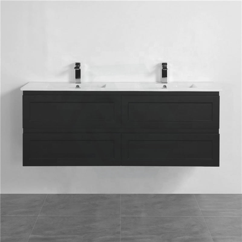 600-1500Mm Wall Hung Pvc Vanity With Matt Black Finish For Bathroom Cabinet Only&Ceramic/Poly Top