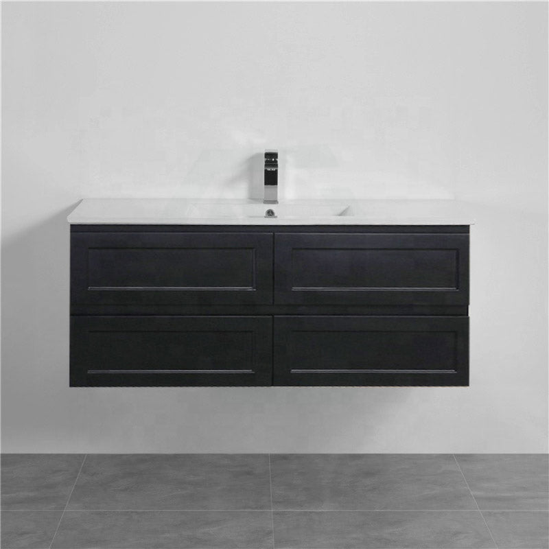 600-1500Mm Wall Hung Pvc Vanity With Matt Black Finish For Bathroom Cabinet Only&Ceramic/Poly Top