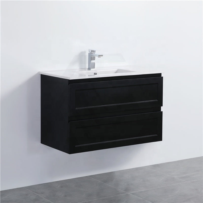 600-1500Mm Wall Hung Pvc Vanity With Matt Black Finish For Bathroom Cabinet Only&Ceramic/Poly Top