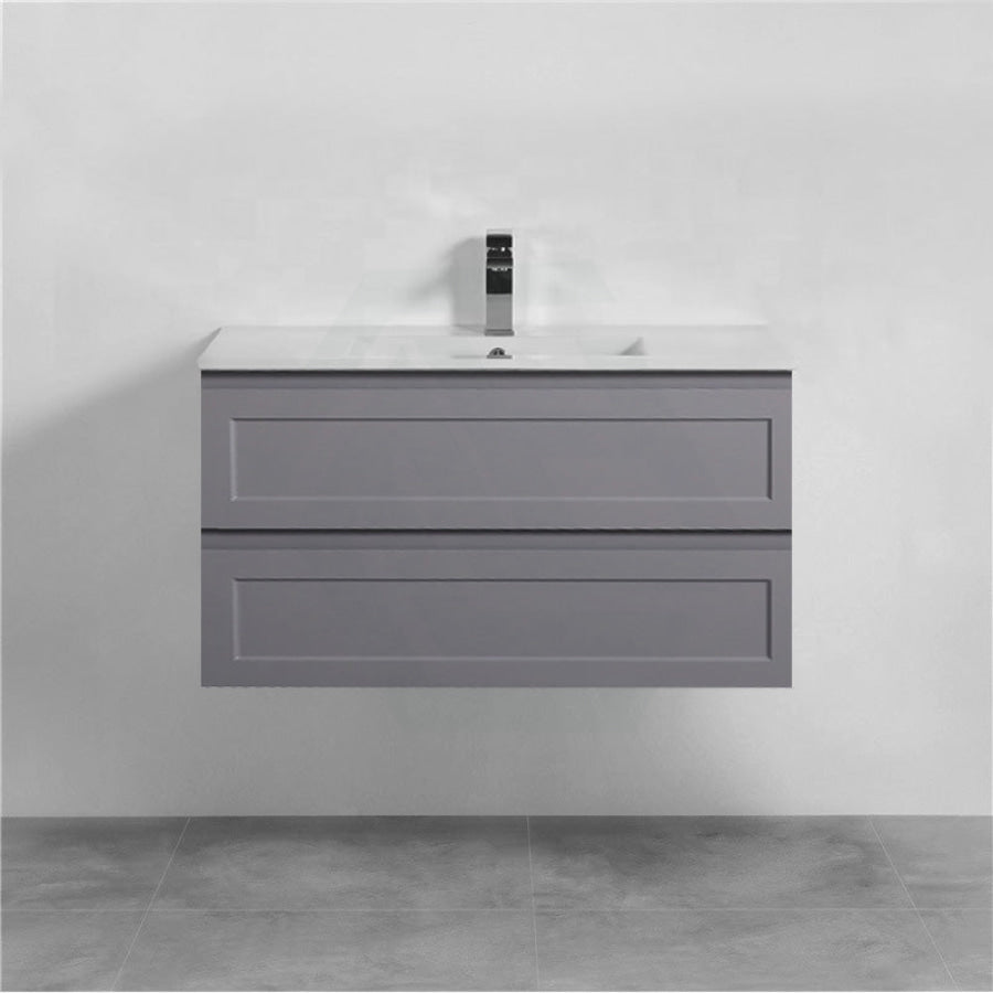 600-1500Mm Wall Hung Pvc Vanity With Matt Grey Finish For Bathroom Cabinet Only&Ceramic/Poly Top