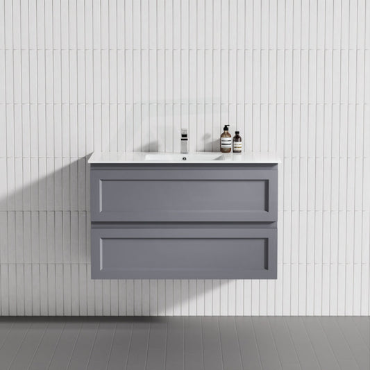 600-1500Mm Wall Hung Pvc Vanity With Matt Grey Finish For Bathroom Cabinet Only&Ceramic/Poly Top