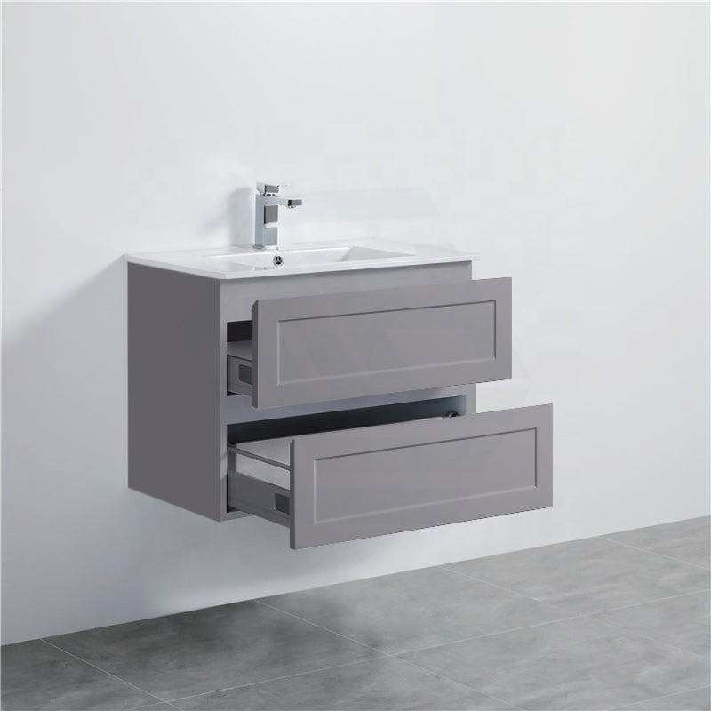 600-1500Mm Wall Hung Pvc Vanity With Matt Grey Finish For Bathroom Cabinet Only&Ceramic/Poly Top