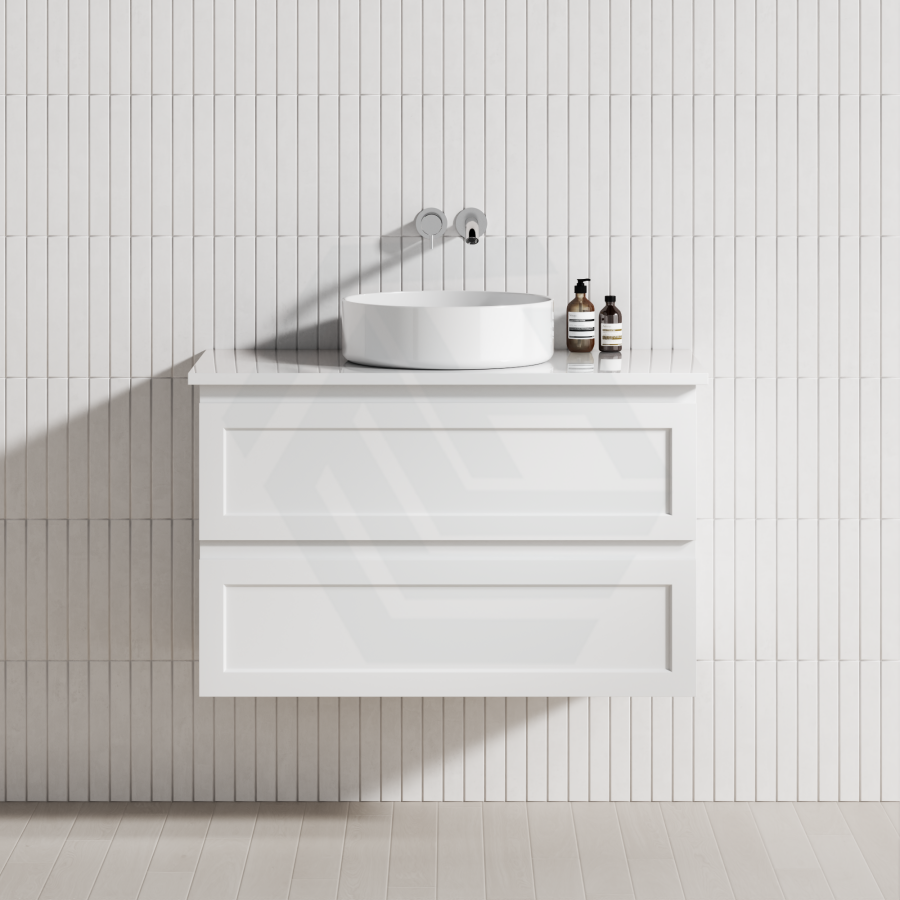 600-1500Mm Wall Hung Pvc Vanity With Matt White Finish Shaker Style Cabinet Only & Ceramic/Poly Top