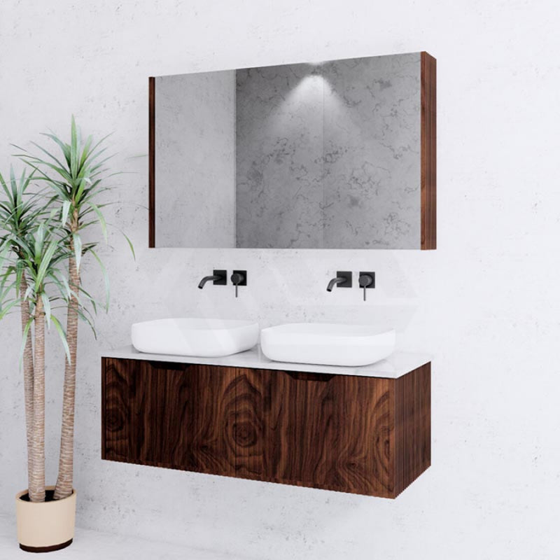 600-1500Mm Wall Hung Vanity Fluted Style Brown Oak Color Pvc Coating Vanities