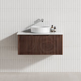 600-1500Mm Wall Hung Vanity Fluted Style Brown Oak Color Pvc Coating Vanities