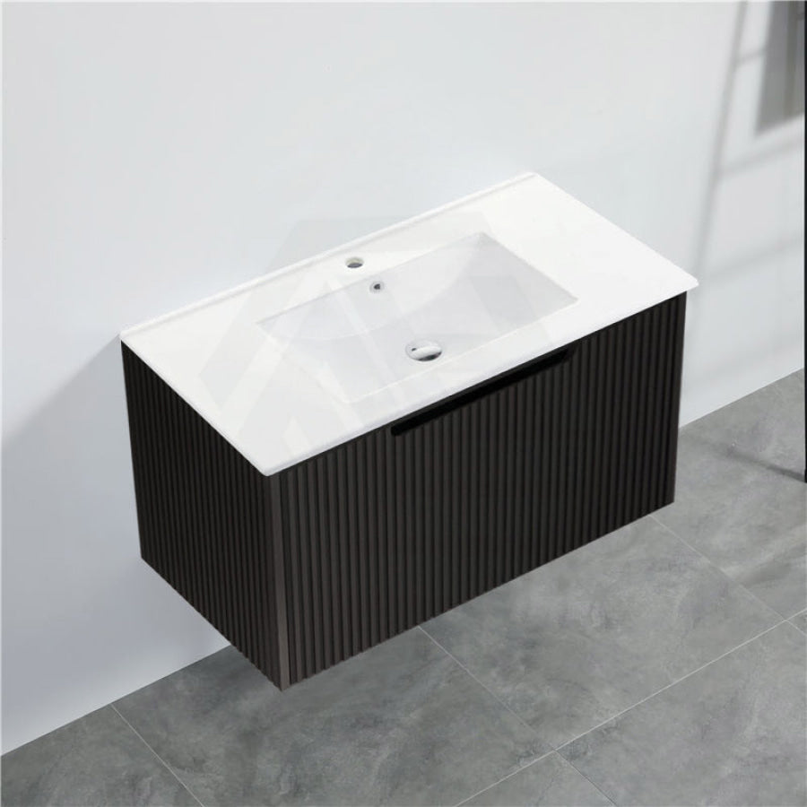 600-1500Mm Wall Hung Vanity Fluted Style Matt Black Color Pvc Coating Bathroom Vanities