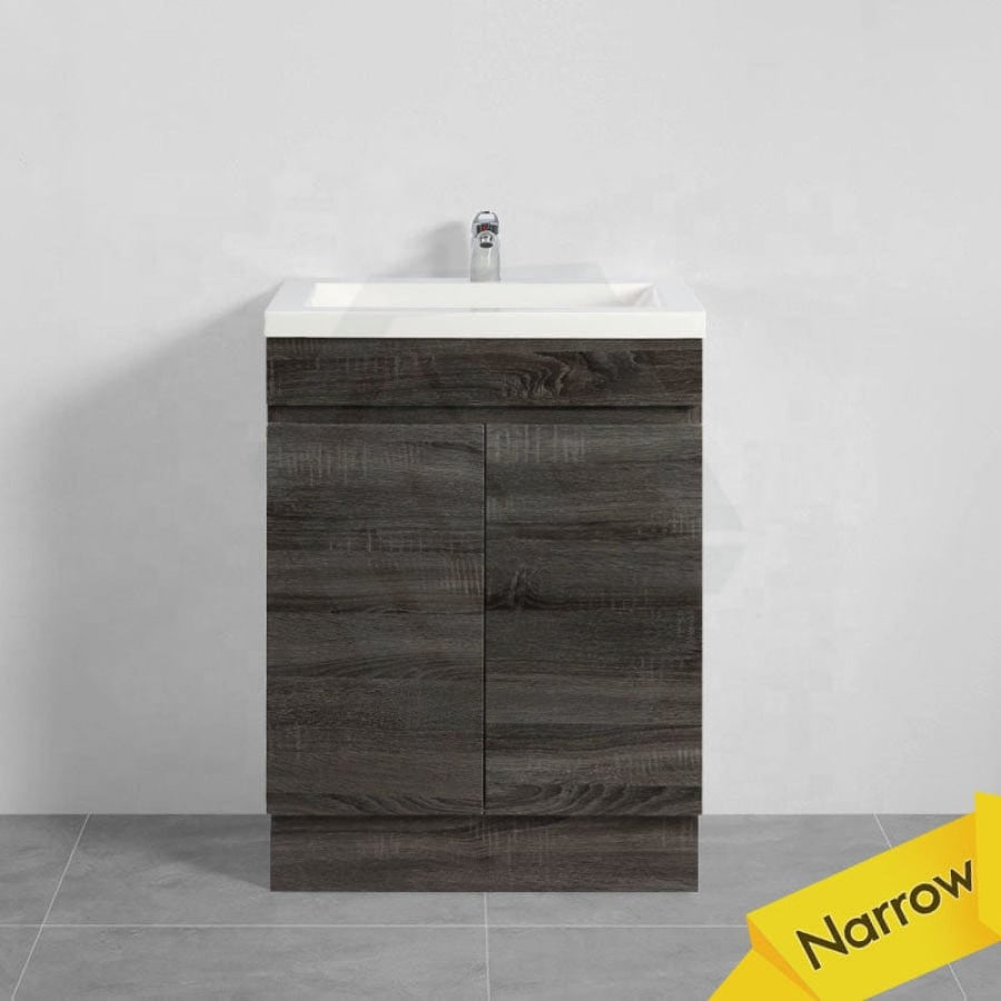 600/700Mm Narrow Berge Freestanding Vanity With Kickboard Dark Grey Wood Grain Pvc Filmed Cabinet