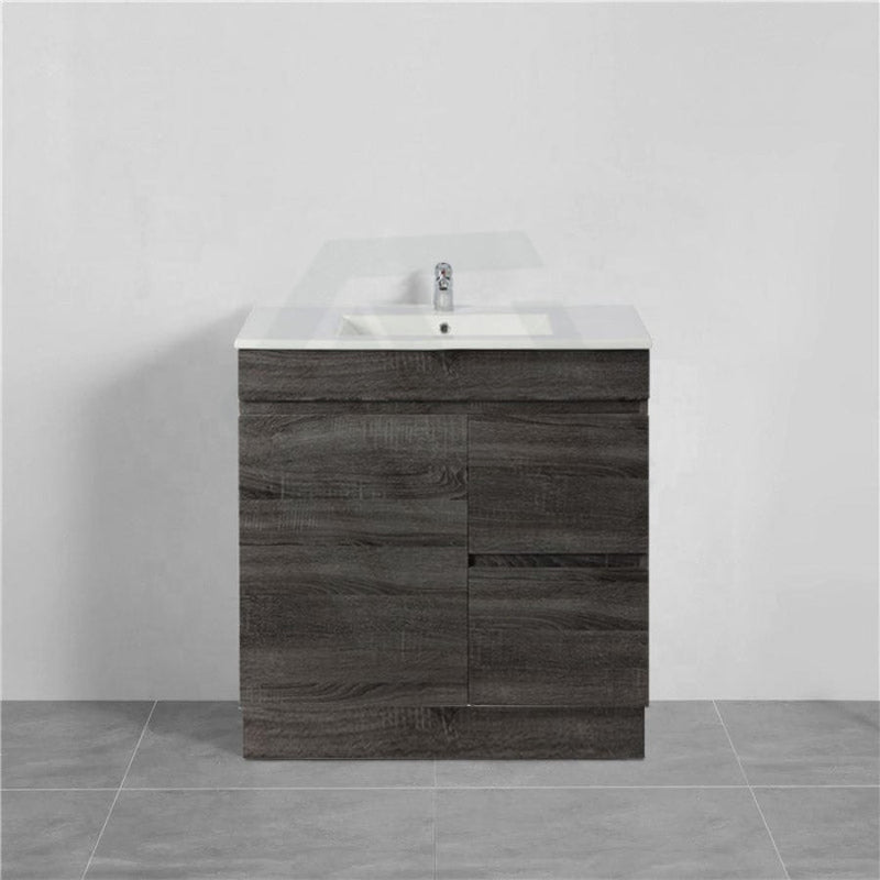 600/700Mm Narrow Berge Freestanding Vanity With Kickboard Dark Grey Wood Grain Pvc Filmed Cabinet