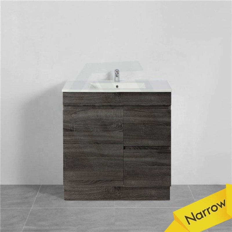 600/700Mm Narrow Berge Freestanding Vanity With Kickboard Dark Grey Wood Grain Pvc Filmed Cabinet