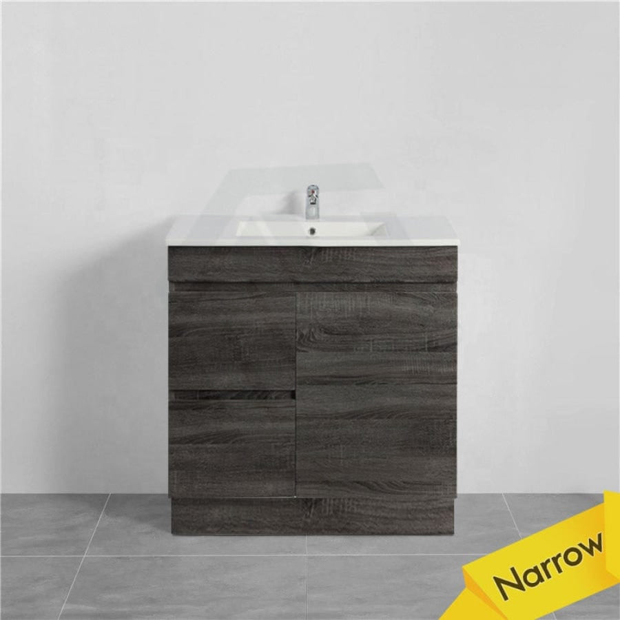 600/700Mm Narrow Berge Freestanding Vanity With Kickboard Dark Grey Wood Grain Pvc Filmed Cabinet