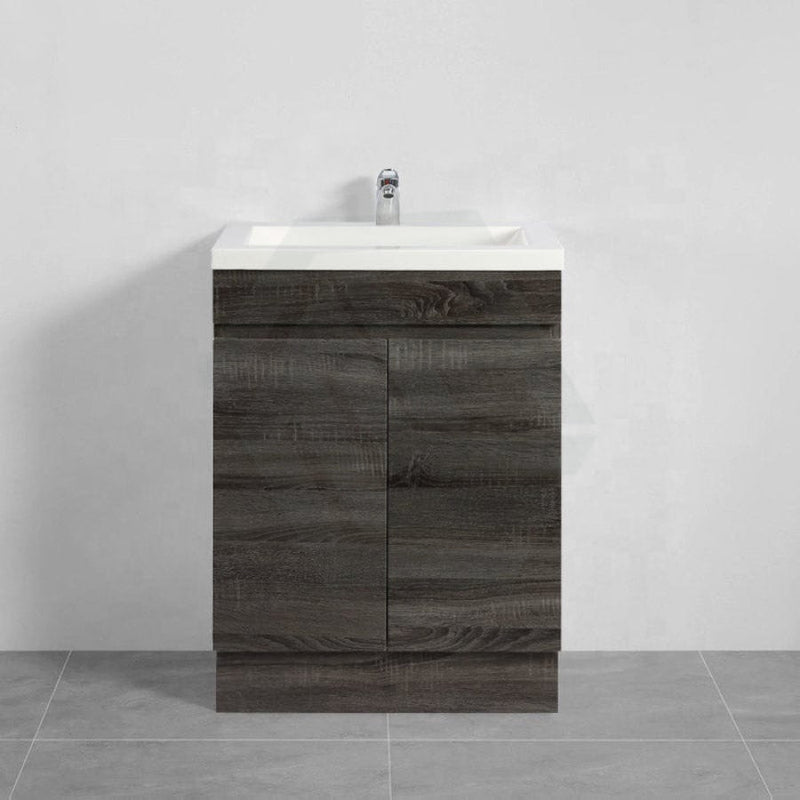 600/700Mm Narrow Berge Freestanding Vanity With Kickboard Dark Grey Wood Grain Pvc Filmed Cabinet