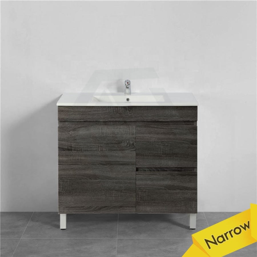 600/700Mm Narrow Berge Freestanding Vanity With Legs Dark Grey Wood Grain Pvc Filmed Cabinet Only &