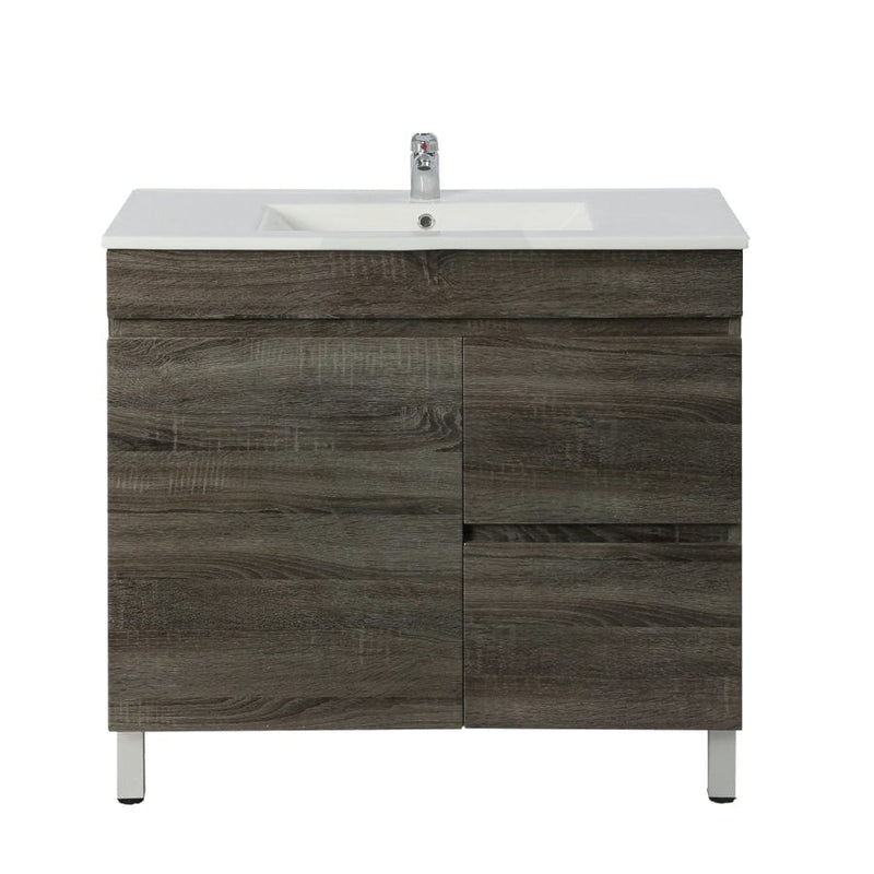 600/700Mm Narrow Berge Freestanding Vanity With Legs Dark Grey Wood Grain Pvc Filmed Cabinet Only &