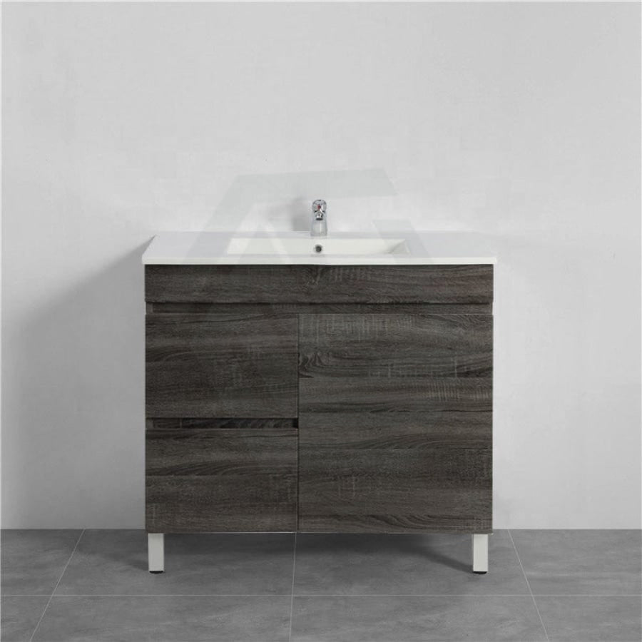 600/700Mm Narrow Berge Freestanding Vanity With Legs Dark Grey Wood Grain Pvc Filmed Cabinet Only &