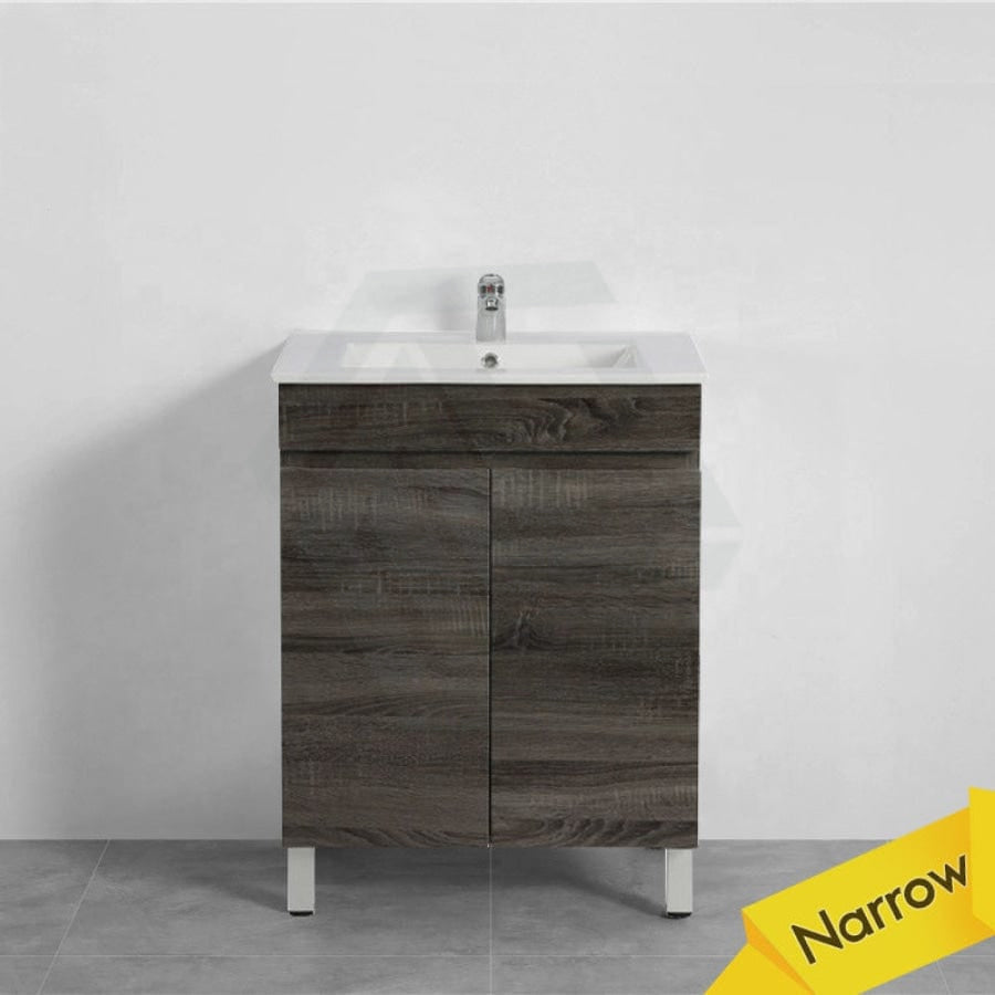 600/700Mm Narrow Berge Freestanding Vanity With Legs Dark Grey Wood Grain Pvc Filmed Cabinet Only &