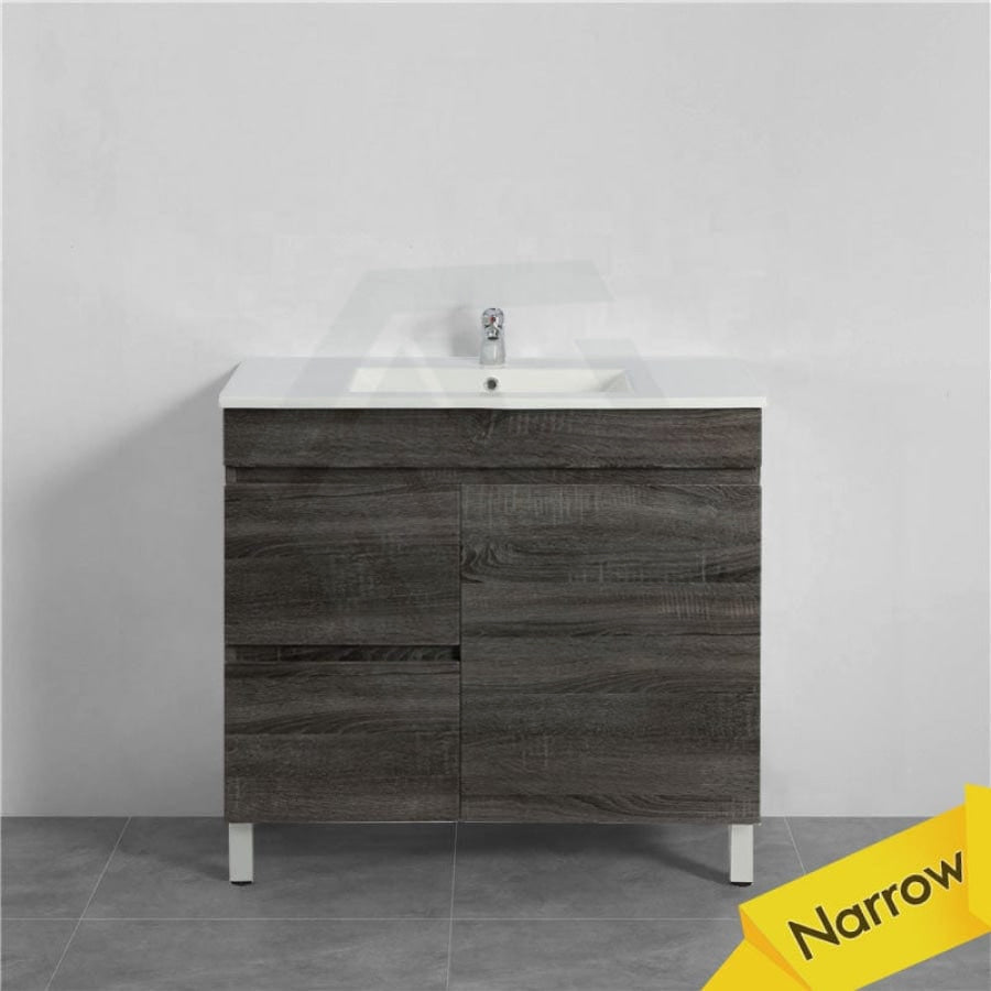 600/700Mm Narrow Berge Freestanding Vanity With Legs Dark Grey Wood Grain Pvc Filmed Cabinet Only &