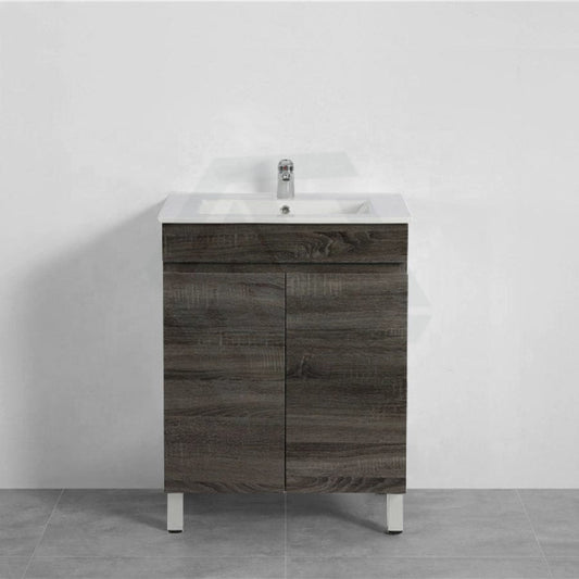 600/700Mm Narrow Berge Freestanding Vanity With Legs Dark Grey Wood Grain Pvc Filmed Cabinet Only &