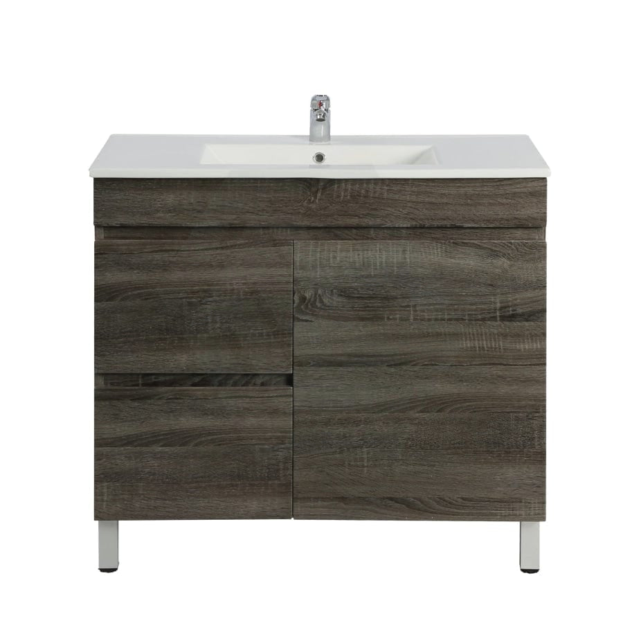 600/700Mm Narrow Berge Freestanding Vanity With Legs Dark Grey Wood Grain Pvc Filmed Cabinet Only &