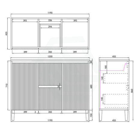 600/750/900/1200/1500Mm Ceto Brighton Freestanding Vanity With Legs Pvc Board Matt Black Linear