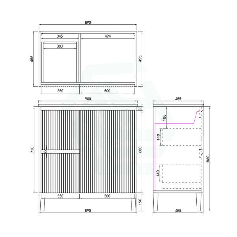 600/750/900/1200/1500Mm Ceto Brighton Freestanding Vanity With Legs Pvc Board Matt Black Linear