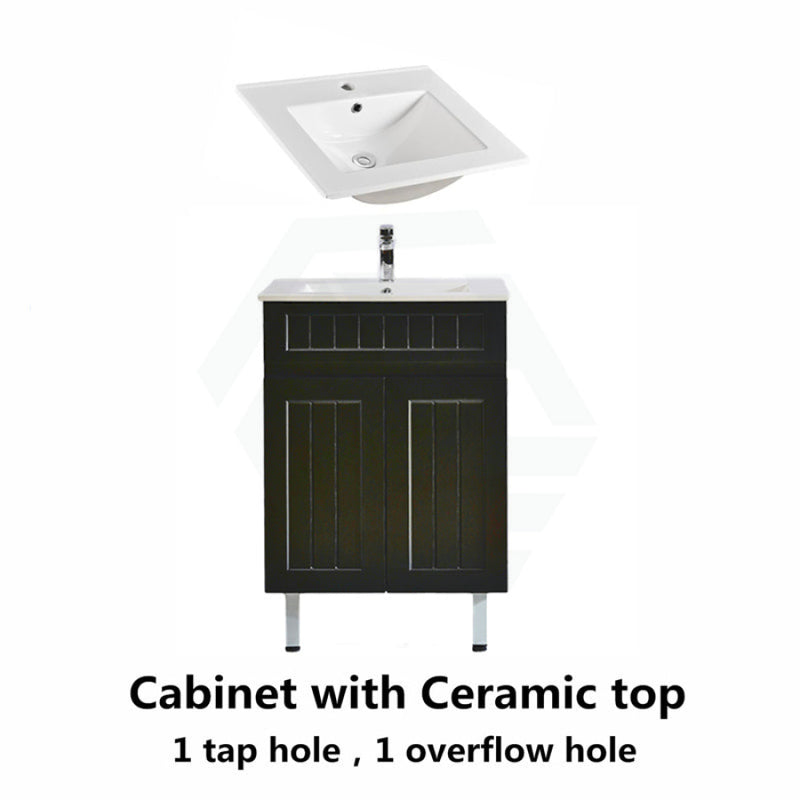 600Mm Hampton Freestanding Vanity Pvc Board Matt Black Linear Surface With Classic Ceramic Top