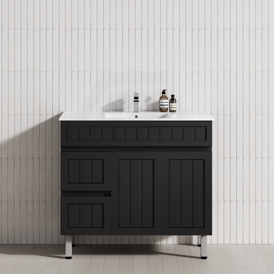 600/750/900/1200/1500Mm Hampton Freestanding With Legs Vanity Pvc Board Matt Black Linear Surface