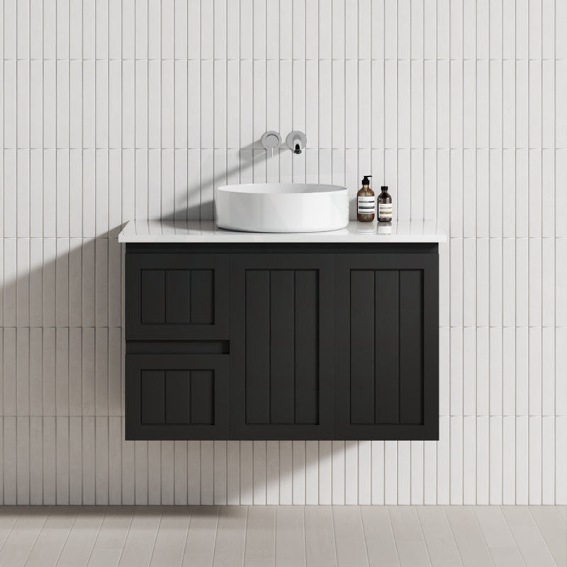 600/750/900/1200/1500Mm Hampton Wall Hung Vanity Pvc Board Matt Black Linear Surface Vanities