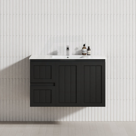 600/750/900/1200/1500Mm Hampton Wall Hung Vanity Pvc Board Matt Black Linear Surface Vanities