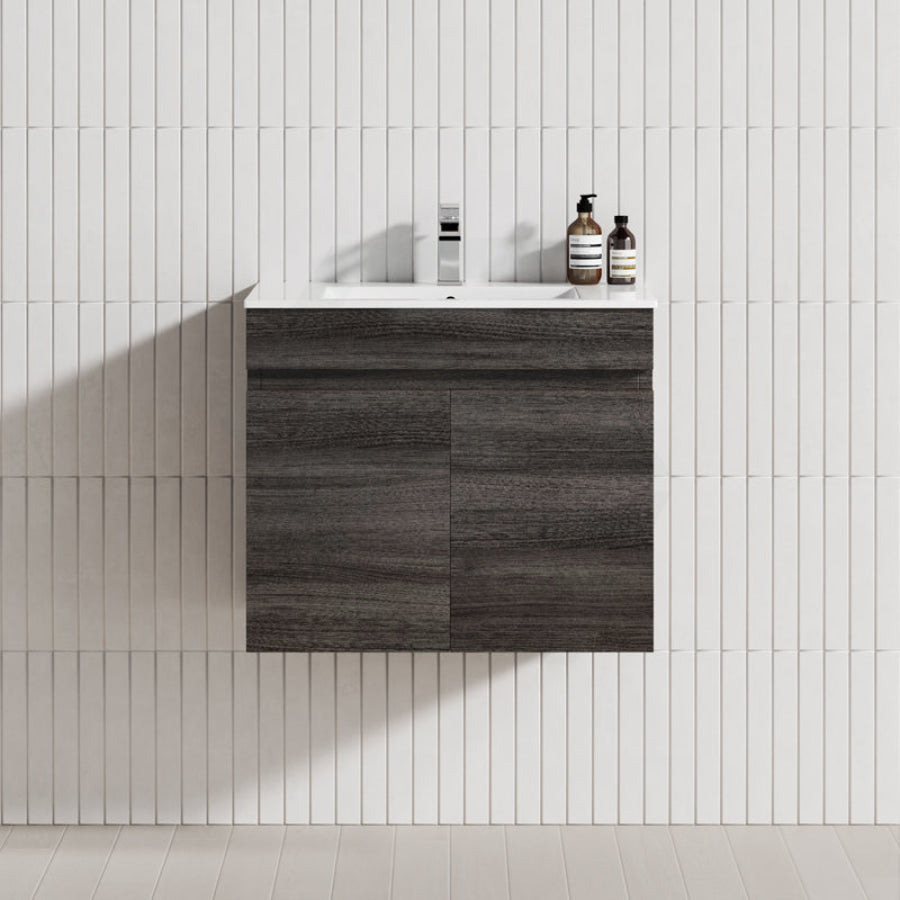 600/750Mm Narrow Berge Wall Hung Bathroom Floating Vanity Dark Grey Wood Grain Pvc Filmed Cabinet