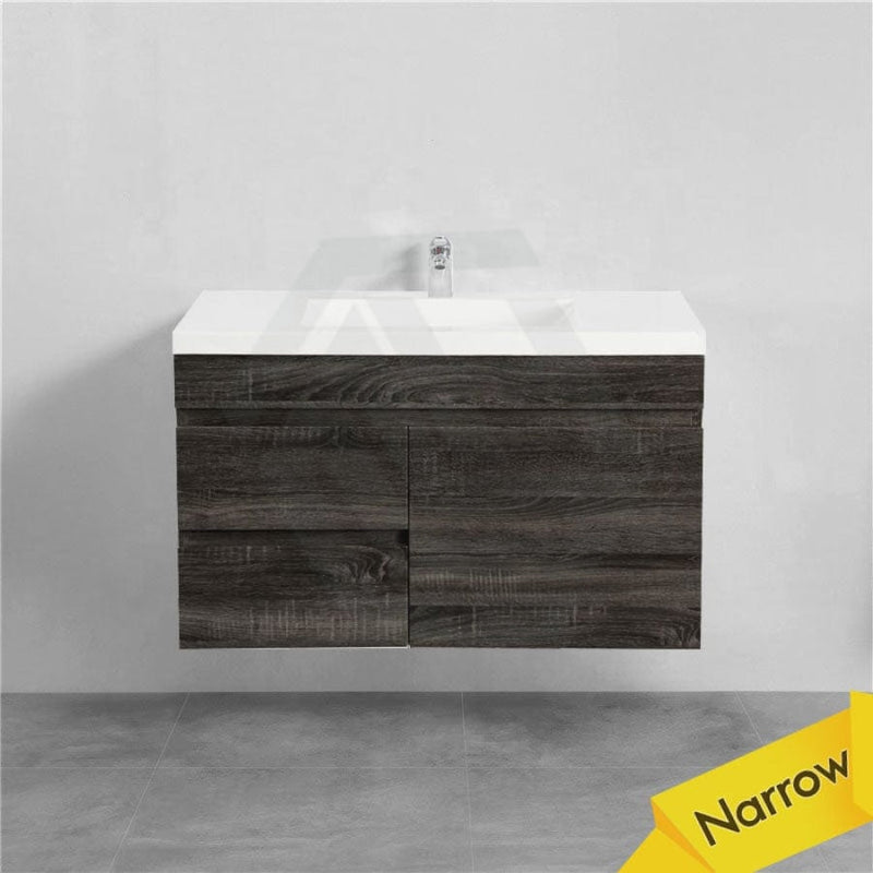 600/750Mm Narrow Berge Wall Hung Bathroom Floating Vanity Dark Grey Wood Grain Pvc Filmed Cabinet