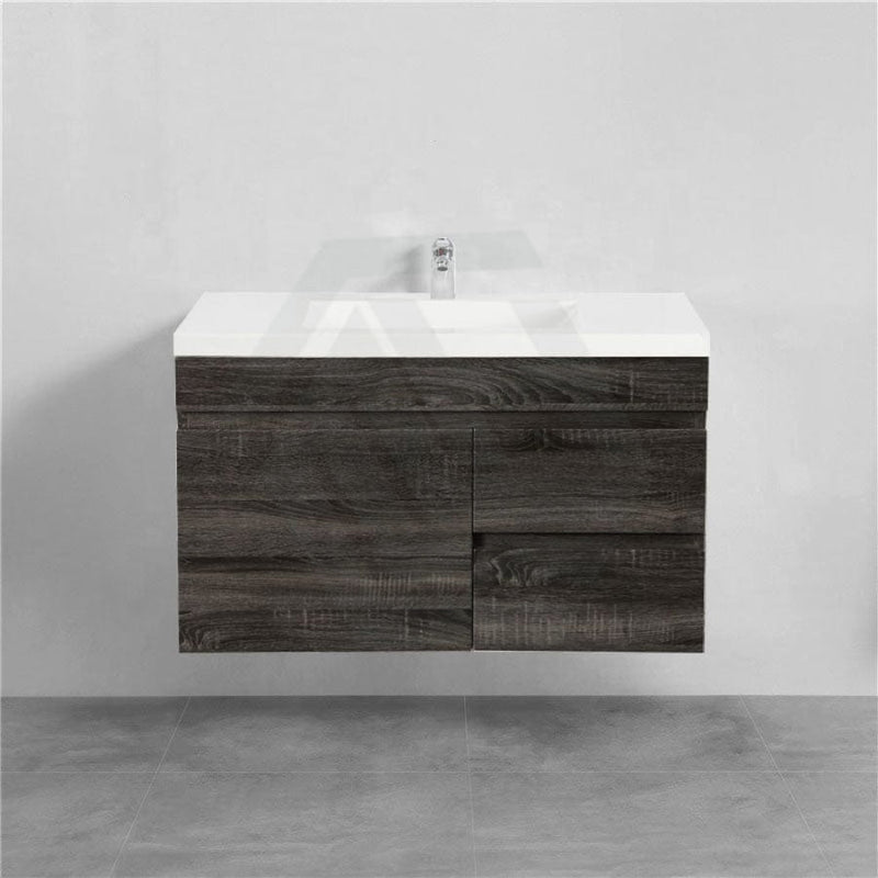 600/750Mm Narrow Berge Wall Hung Bathroom Floating Vanity Dark Grey Wood Grain Pvc Filmed Cabinet