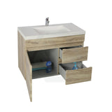 600-750Mm Berge Narrow Wall Hung Bathroom Vanity Left / Right Side Drawers White Oak Wood Grain Pvc