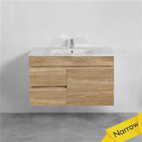 600-750Mm Berge Narrow Wall Hung Bathroom Vanity Left / Right Side Drawers White Oak Wood Grain Pvc