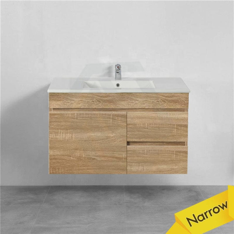 600-750Mm Berge Narrow Wall Hung Bathroom Vanity Left / Right Side Drawers White Oak Wood Grain Pvc