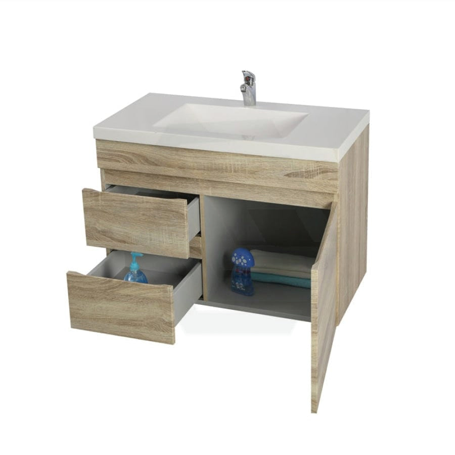 600-750Mm Berge Narrow Wall Hung Bathroom Vanity Left / Right Side Drawers White Oak Wood Grain Pvc